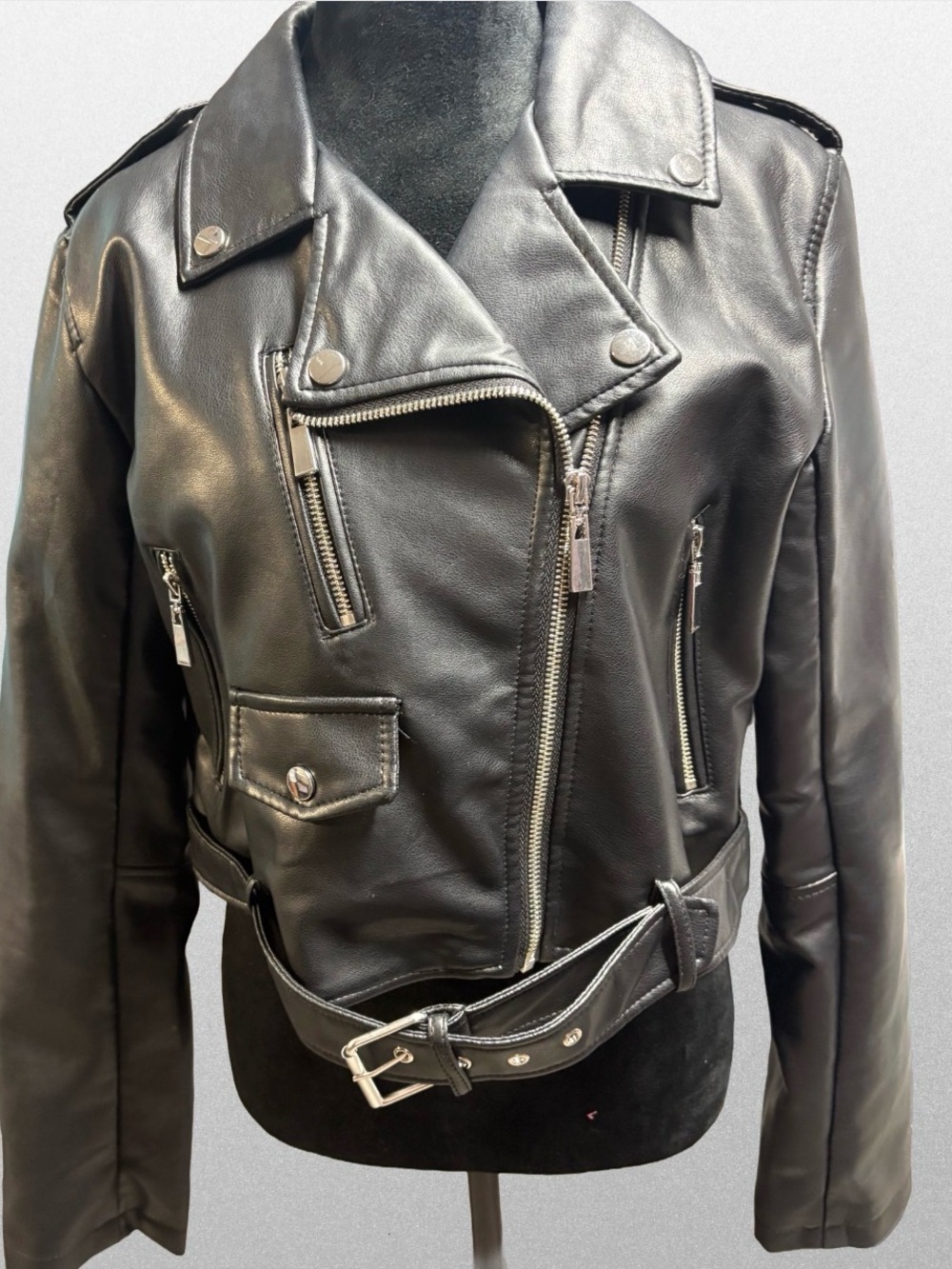 Rue21 NWOT Black Faux Leather Moto Jacket with Belt